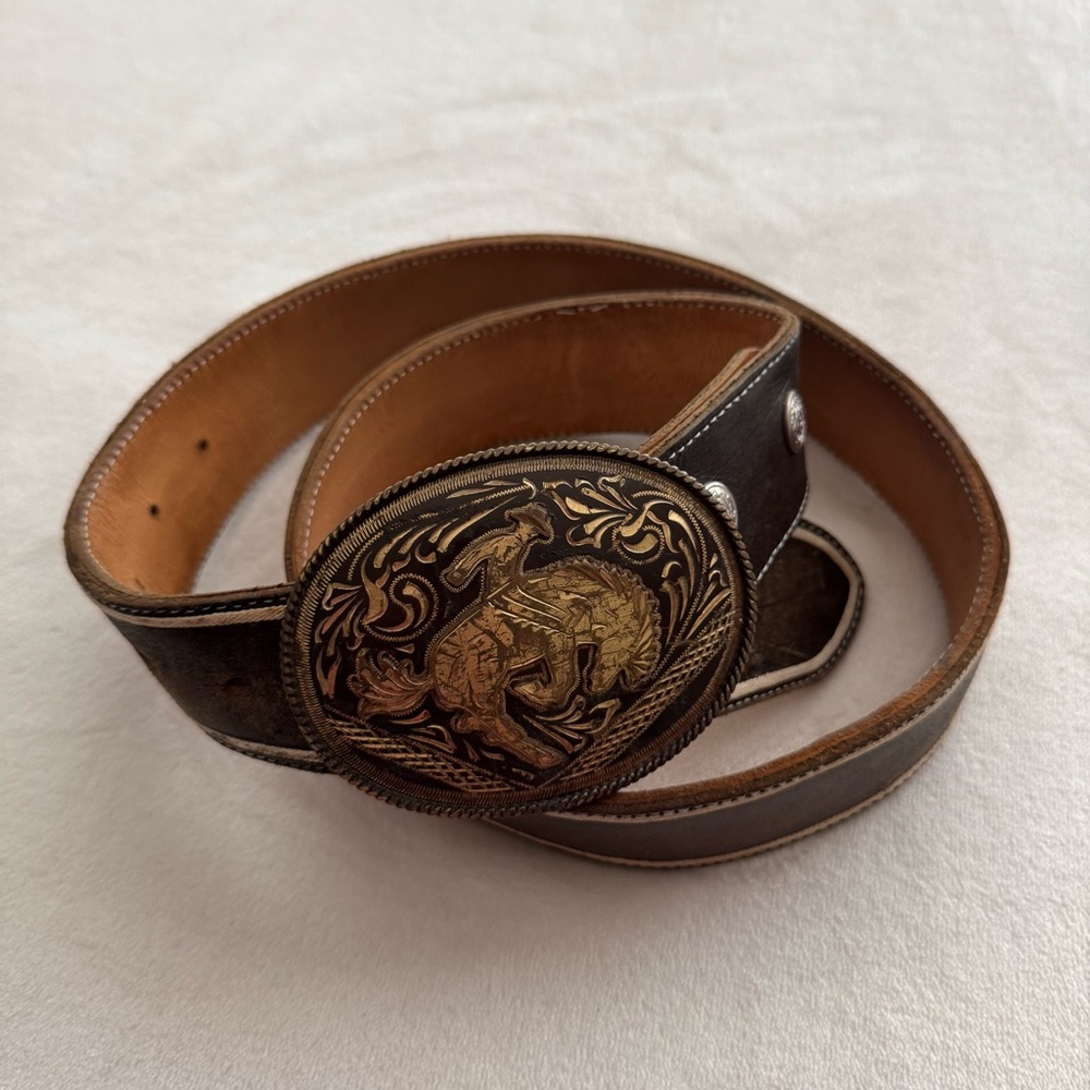 Vintage Black Leather Belt with Gold & Black Toned Bull Rider Belt Buckle